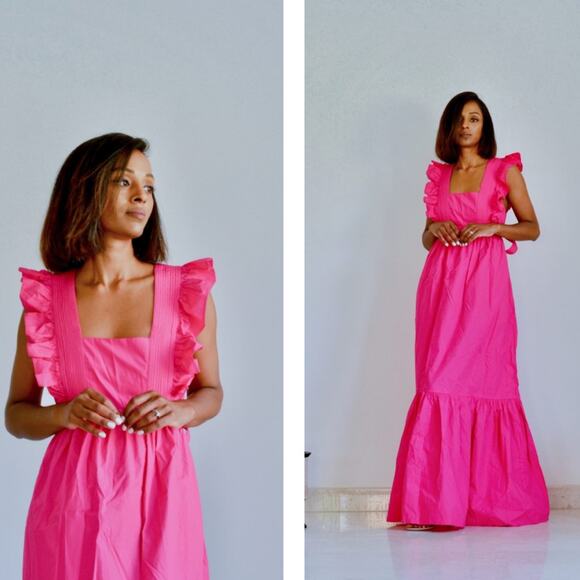 Self-Portrait Fuschia Cotton Poplin Maxi Dress Tiered Ruffle Long Sleeveless 2 - Picture 11 of 14